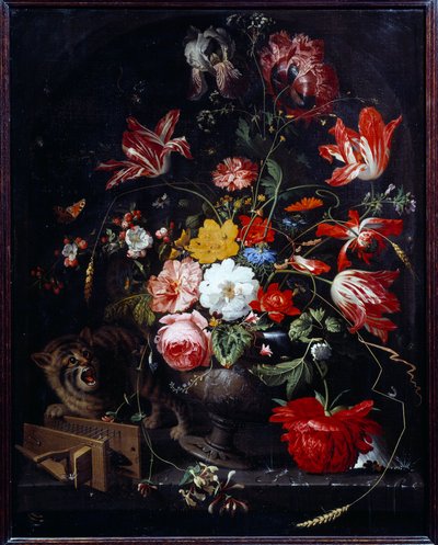 Gatto che rovescia un vaso di fiori da Abraham Mignon