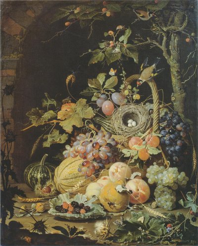 Tedesco: Ein Vogelnest im Fruchtkorb Un nido di uccelli in un cesto di frutta da Abraham Mignon