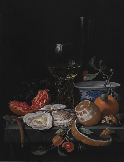 Ostriche, frutta e un bicchiere di vino su un tavolo di pietra da Abraham Mignon