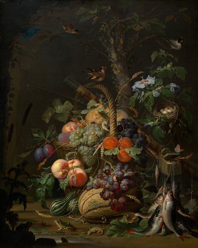 Natura morta con frutta, pesce e un nido da Abraham Mignon