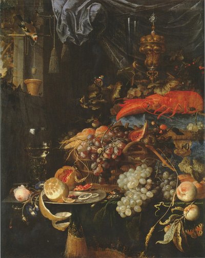 Natura morta con frutta, aragosta e cardellino da Abraham Mignon
