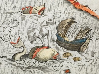 (Dettaglio). Mostri marini che attaccano una nave. da Abraham Ortelius