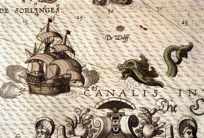 Un mostro marino che attacca un galeone (caravella). Dettaglio di una mappa in "Theatrum Orbis Terrarum" di Abraham Ortelius, Anversa 1584 da Abraham Ortelius
