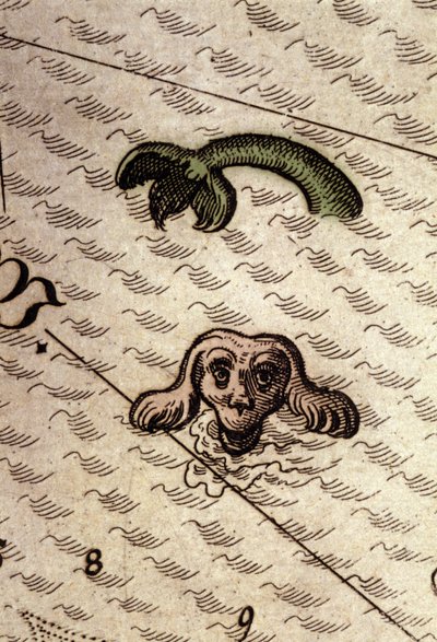 Un mostro marino ha una testa di cane e un corpo di pesce. (dettaglio) da Abraham Ortelius