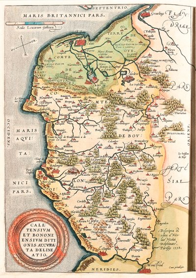 Caletensium et Bononiensium Ditionis Accurata Delineatio Mappa geografica del territorio del Boulonnais, Artois e Fiandre francesi, inclusi i luoghi di Calais, Arches, Greuelinge, Etaples e Montreuil... tratta dal "Theatrum Orbis Terrarum" da Abraham Ortelius