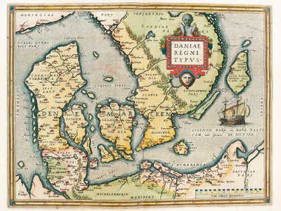 Daniae regni Typus Mappa geografica del territorio della Danimarca e della Svezia meridionale da 