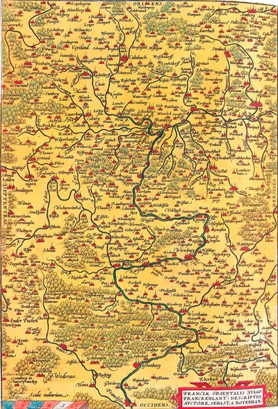 Franciae Orientalis (Vulgo/Franckenlant) Descriptio, Auctore, Sebast. A. Rotenhan Mappa geografica del territorio della Franconia in Germania con la città di Francoforte (anche la città di Karlstadt..) tratta da 