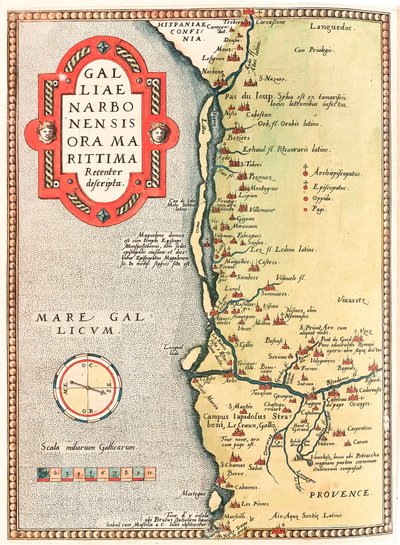 Galliae Narbonensis ora Marittima Recenter descripta Mappa geografica del territorio di Narbonne che va dalla città di Narbonne a Marsiglia passando per Beziers, Montpellier, Arles... tratta da 
