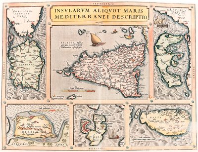 Insularum Aliquot Maris Mediterranei Descriptio, mappa geografica delle isole del Mediterraneo di Sicilia, Sardegna, Corfù, Malta, Djerba ed Elba da 