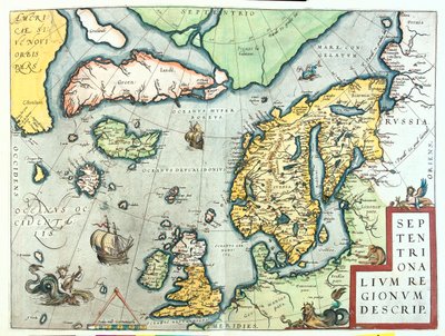 Irlanda, Gran Bretagna, Islanda, Norvegia, Svezia, Finlandia, Groenlandia da Abraham Ortelius