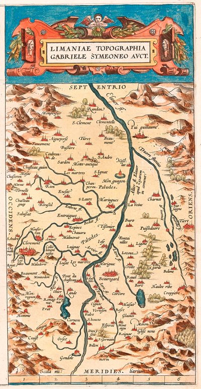 Limaniae topographed Gabriele Symeoneo Avct Mappa geografica del territorio della Loira con i castelli e le città che costeggiano il fiume (Beaumont, Aigueperse, Clermont e Montferan (Montferrand), Beauregard, Cignac, Montaigu, Puy Guillaume...) tratta da  da Abraham Ortelius