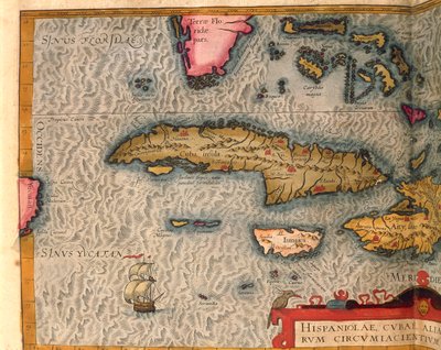 Mappa di Cuba e Giamaica dal Theatrum Orbis Terrarum di Abraham Ortelius, stampata ad Anversa da Abraham Ortelius