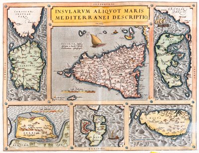 Sardegna, Sicilia, Corfù, Djerba, Elba, Malta, Italia, Grecia, Tunisia, Malta da Abraham Ortelius