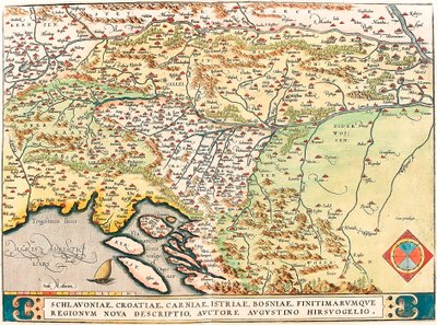 Schlavoniae, Croatiae, Carniae, Istriae, Bosniae, Finitimarumque Regionum Nova Descriptio, Auctore Augustino Hirsuogelio. Mappa geografica dei territori di Slavonia, Croazia, Bosnia e Dalmazia da 