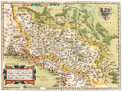 Silesia Typus Descriptio et Descriptus et editus Martino Heilwid Neilsense, et Nobili viro Nicolao Rhedinger dedicatus Anno 1561. Mappa geografica del territorio a sud di Francoforte in Germania vicino alla Polonia da 