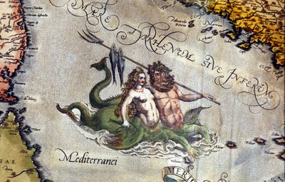 Tritone e sirena nel Mar Mediterraneo. "Theatrum Orbis Terrarum" di Abrahm Ortelius, Anversa 1584. da Abraham Ortelius