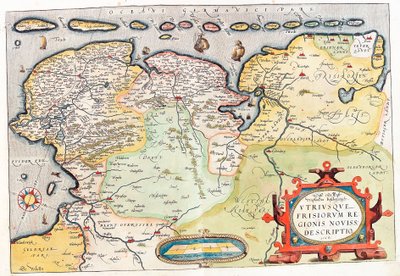 Utriusque Frisiorum regionis noviss. descriptio Mappa geografica del territorio dei Paesi Bassi con le città di Groningen (Groeningen) e Leeuwarden... tratta da 