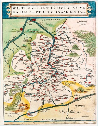 Wirtenbergensis Ducatus Vera descriptio, Tubingae edita 1558 Mappa geografica del territorio del Baden-Württemberg (Baden Wuerttemberg) in Germania da "Theatrum Orbis Terrarum" di Abraham Ortelius da Abraham Ortelius