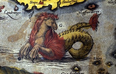 Rappresentazione di un mostro marino metà cavallo metà serpente di mare. Tavola da un