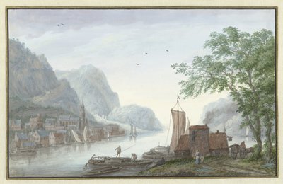 Paesaggio montuoso con vista su un villaggio lungo un fiume da Abraham Rademaker