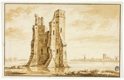 Rovine del maniero di Merwede viste dal fronte con Dordrecht sullo sfondo da Abraham Rademaker