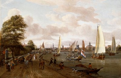 Vista Panoramica di Amsterdam con una Chiatta e Piccole Navi sul Buiten-Amstel da Abraham Storck
