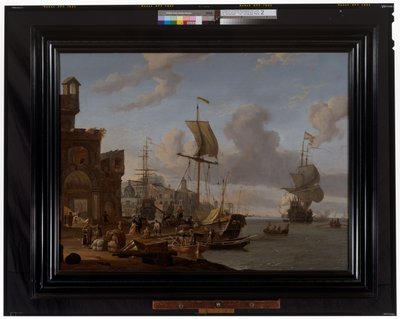 Una scena di porto mediterraneo capriccio con mercanti e altre figure sul molo da Abraham Storck