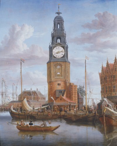 Veduta della Torre Haringspacker ad Amsterdam, con un orologio funzionante inserito nel dipinto, 1684 da Abraham Storck