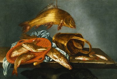 Un luccio, carpa, tinca e roach con un setaccio e un secchio di ottone su un ripiano, 1661 da Abraham Susenier