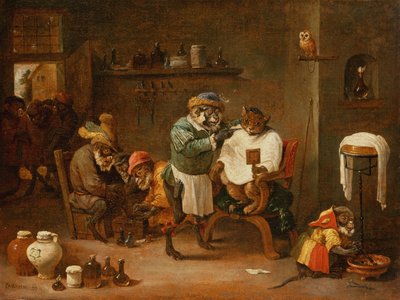Un gatto in una barberia gestita da scimmie da Abraham Teniers