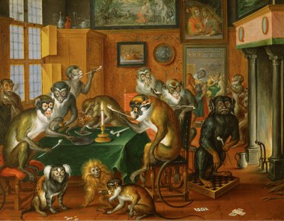 Tabakskollegium von Affen - Festa delle scimmie fumanti ... (olio su rame) da Abraham Teniers
