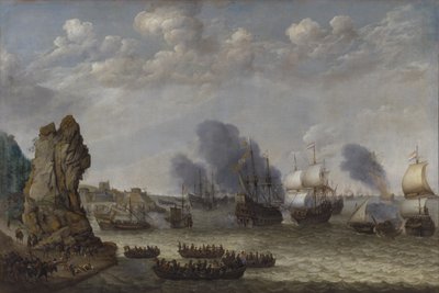 Una battaglia vicino a una costa tra spagnoli e olandesi sbarcati da Abraham Willaerts