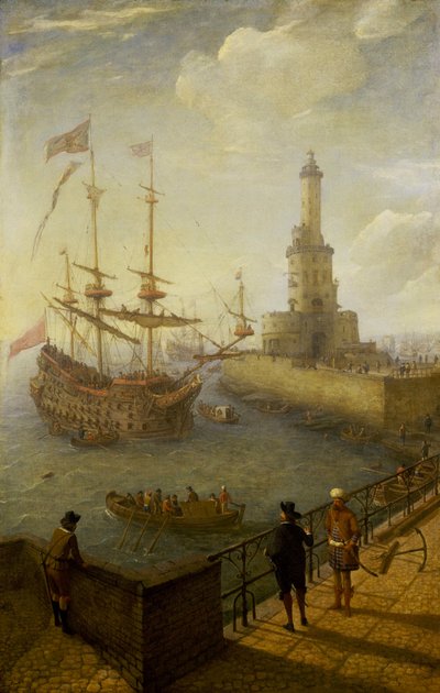 Una nave spagnola a tre alberi ancorata al largo della costa di Napoli (Italia), vista da un molo lastricato della città, verso il faro e gli edifici del porto mediterraneo da Abraham Willaerts