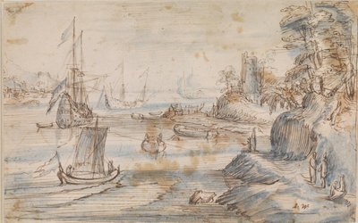 Paesaggio costiero con diverse navi, una costa alta con diverse figure da Abraham Willaerts