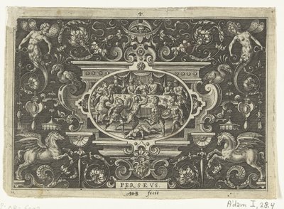 Cartouche: Fineo interrompe il matrimonio di Perseo e Andromeda da Abraham de Bruyn