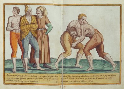 Turchi che lottano, costumi del XVI secolo da Omnium Poene Gentium Imagines, pubblicato a Colonia, 1577 da Abraham de Bruyn