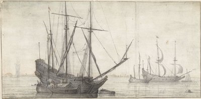 Barche a vela su acqua calma vicino alla costa da Abraham de Verwer (possibly)