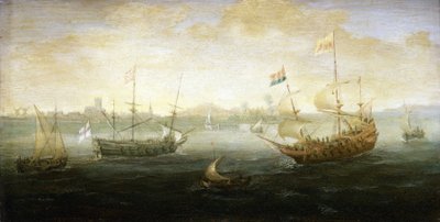 Una barca olandese e una britannica, con bandiera Stuart, che navigano al largo di un porto da Abraham de Verwer