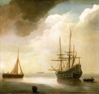 Nave olandese in mare calmo. Alla sua sinistra, una barca da pesca in attività, alla sua destra, una barca ancorata da Abraham de Verwer