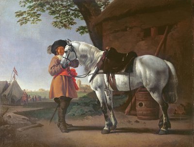 Un cavaliere con un cavallo grigio da Abraham van Calraet