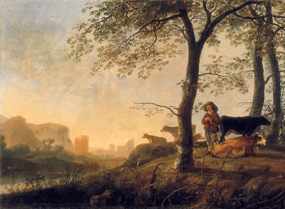 Paesaggio fluviale serale con un mandriano e mucche ai margini di un boschetto, un ponte e rovine sullo sfondo da Abraham van Calraet