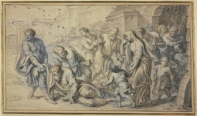 Vecchio uomo sollevato da terra dagli abitanti davanti alle mura di una città da Abraham van Diepenbeeck