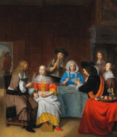 Interno con una società elegante che gioca a carte da Abraham van Dijck