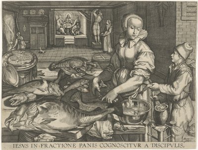 Scena di cucina con donna che pulisce il pesce da Abraham van Lier