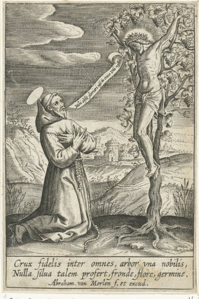 Santo inginocchiato davanti a Cristo sulla croce da Abraham van Merlen
