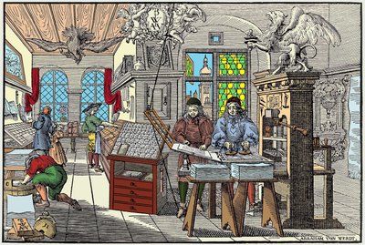 Interno di una fabbrica di stampa a Norimberga, Germania: lavoratori al lavoro, inizio XVII secolo - incisione di Abraham van Werdt da Abraham van Werdt