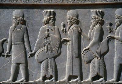 Dettaglio di un fregio processionale sul lato est del Palazzo Apadana, Persepoli, Iran, c.518-465 a.C. (pietra grigia) da Achaemenid