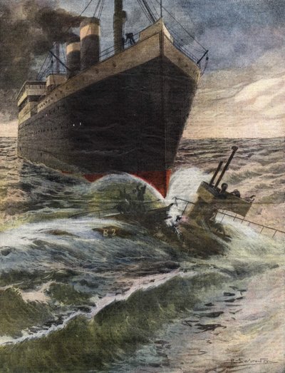 Un transatlantico tedesco si ribalta e rompe un sottomarino della flotta inglese al largo della costa di Dover - Illustrazione di Beltrame - 