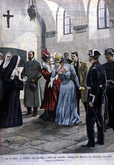 A Madrid, una giovane donna, Mademoiselle Ubao, viene strappata alla vita religiosa in un convento dove si trovava per suggerimento dei Gesuiti. Illustrazione di Beltrame. La Domenica del Corriere. 1901 da Achille Beltrame