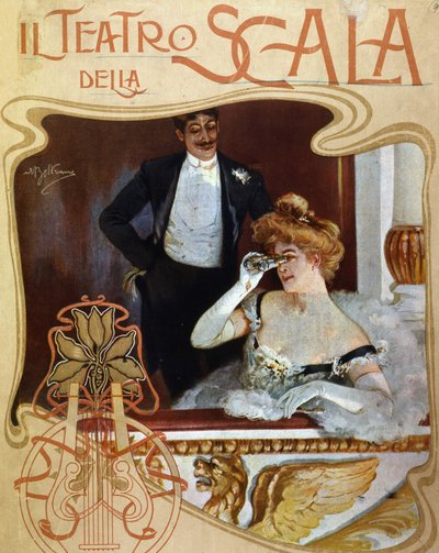 Una coppia in un camerino al Teatro alla Scala. La giovane donna osserva la scena con un paio di binocoli. Illustrazione di Achille Beltrame da Achille Beltrame